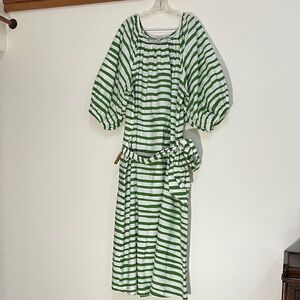 Frances Valentine Green and White Striped Dress Midi Dress with puff sleeves